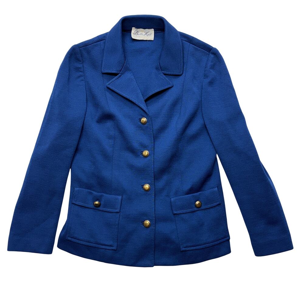 Vintage Butte Knit Blazer Jacket Womens Small Blue Wool Blend Work Career 60/70s